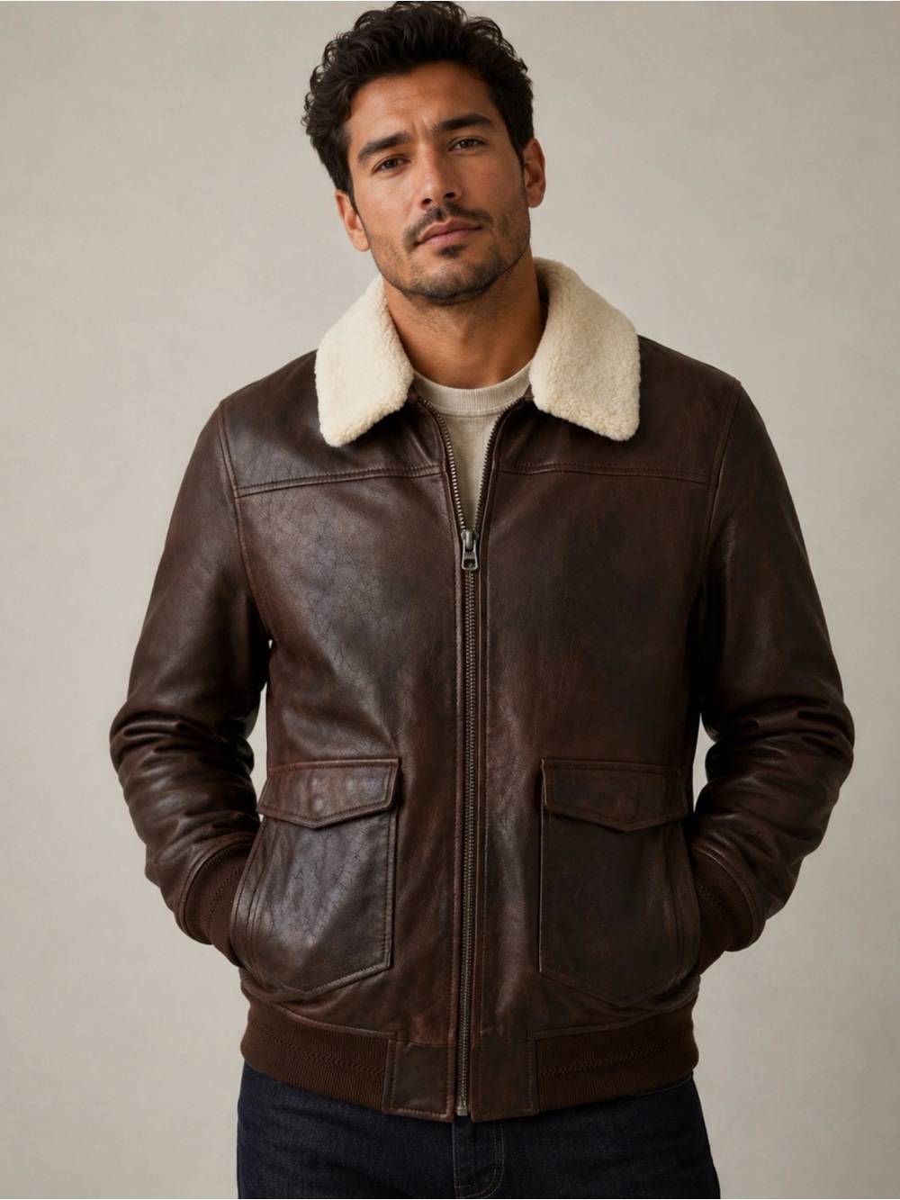 Goosecraft XL Mens Brown Leather Bomber Aviator Jacket Removable Sherpa Collar